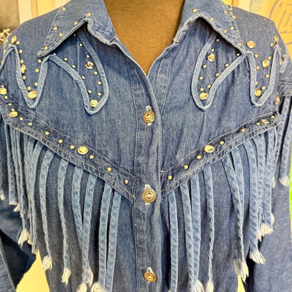 💙 Vintage 90s Western Bedazzled Denim Fringe Dress 💙 - Picture 4 of 13